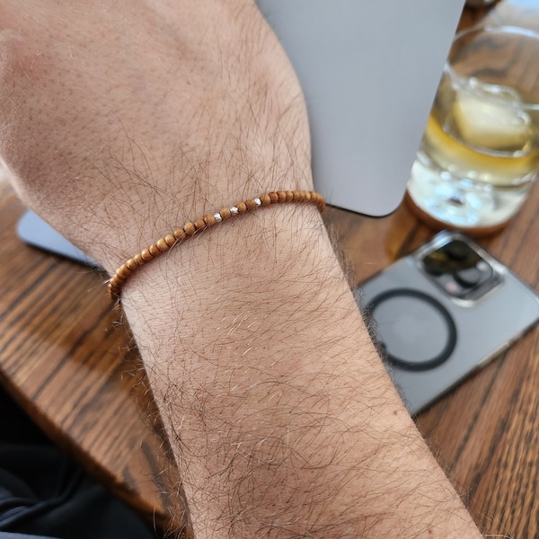 Celebrity Men's 3mm Sandalwood Bead Bracelet - Sterling Silver Accent Beads