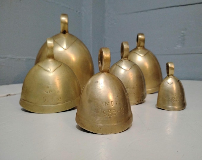 Featured listing image: Antique Brass Wind Chime Bells: Flat Tapered Indian Bells, Energy Clearing, RhymeswithDaughter