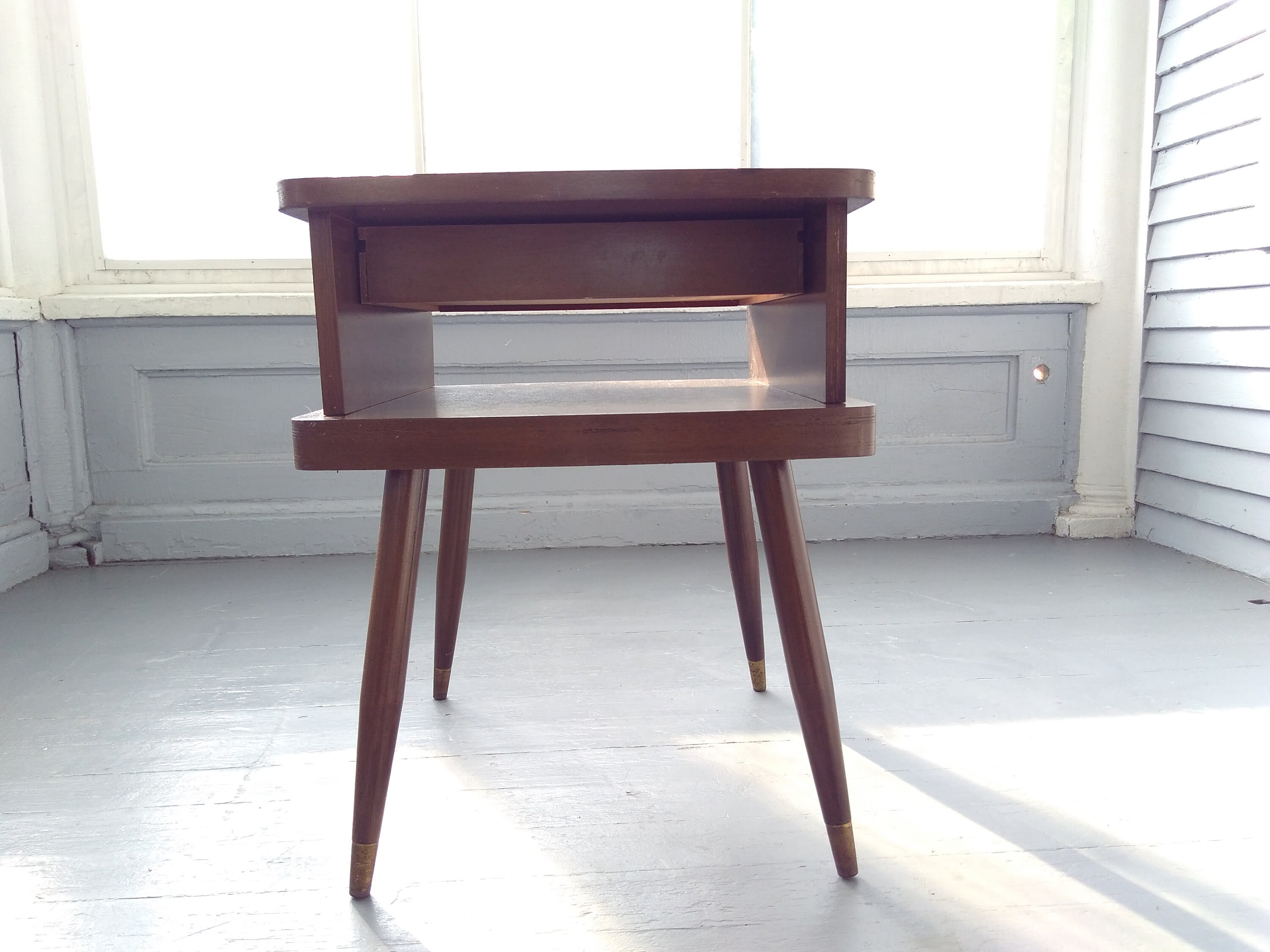 Vintage End Table Side Table Mid Century Atomic Era Wood Rectangle Two