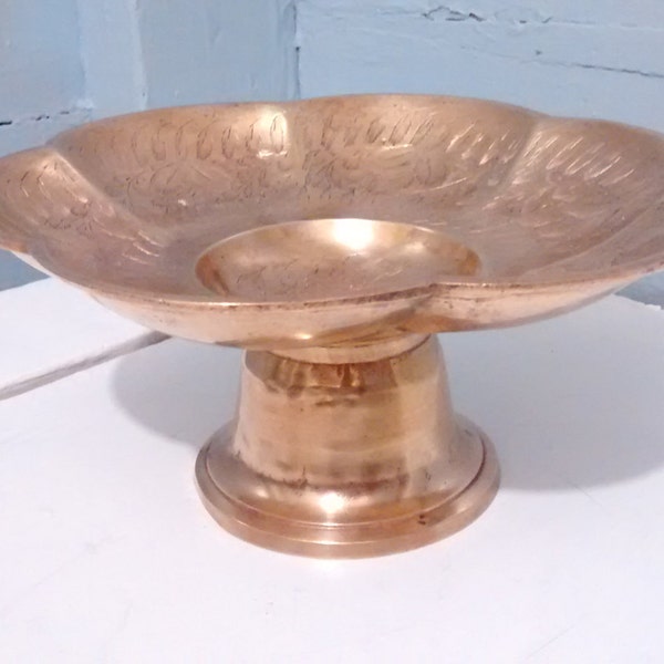 Pedestal Bowl Brass Vintage Etched Leaf Design Shallow Scalloped Edges Table Decor Home Decor Altar Bowl Photo Prop RhymeswithDaughter