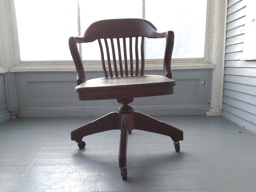 Antique Rolling Bankers Desk Chair Office Chair Heavy Wood Etsy
