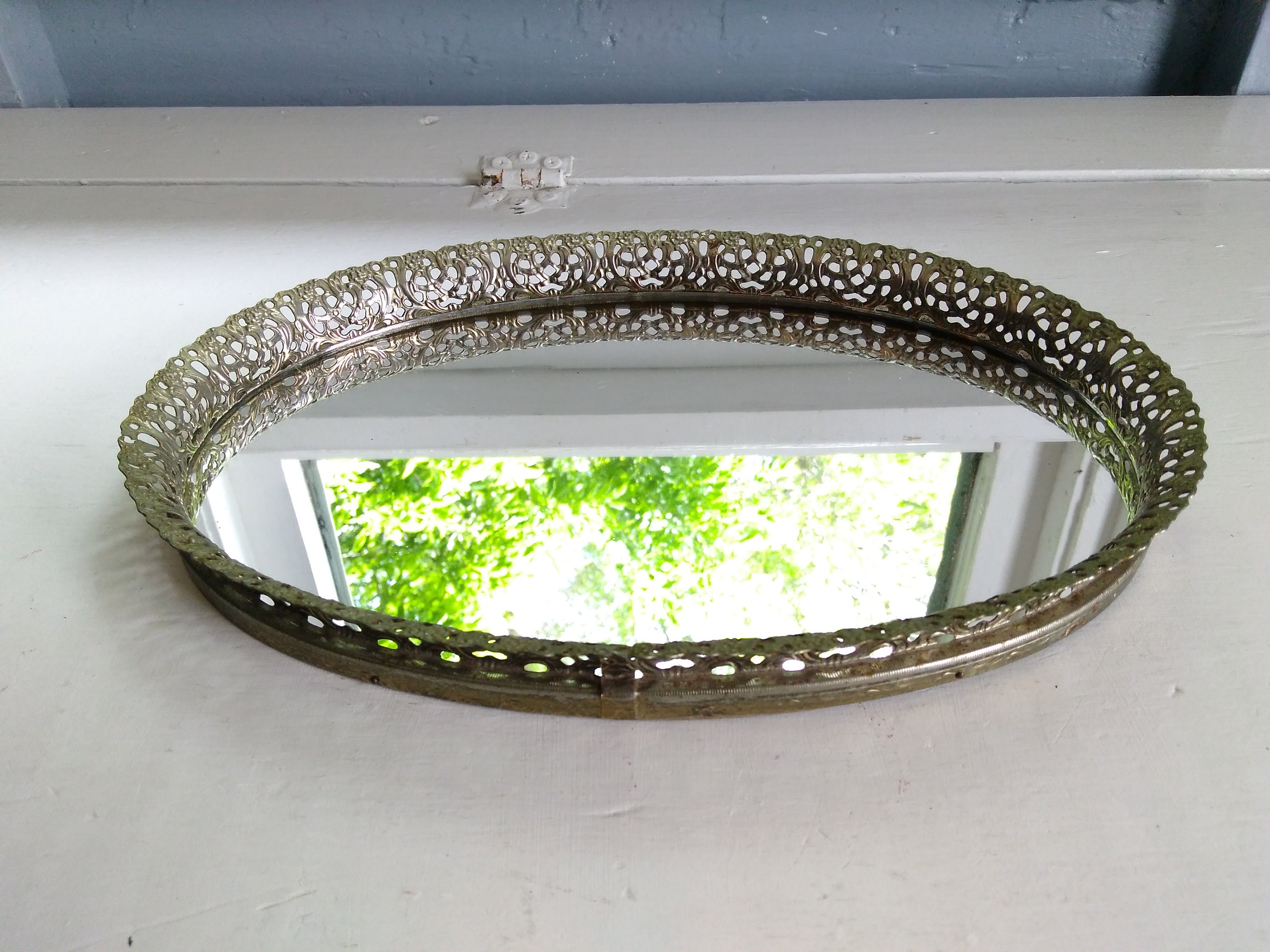 Vintage Mirror Tray Vanity Mirror Gold Oval Filigree MidCentury Hollywood Regency Bathroom Decor