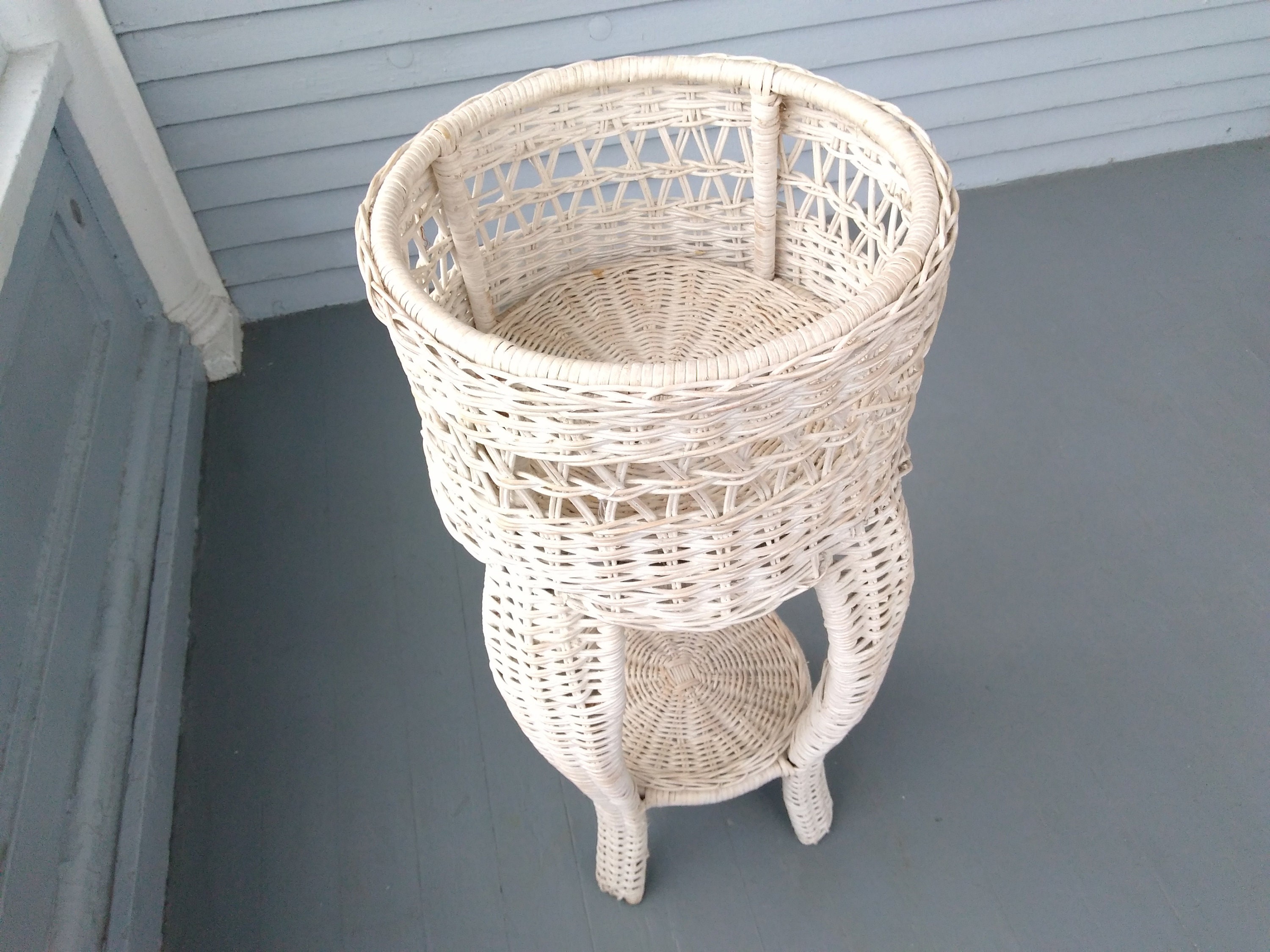 Vintage White Wicker Plant Stand Large Curvy Legs Boho Interior