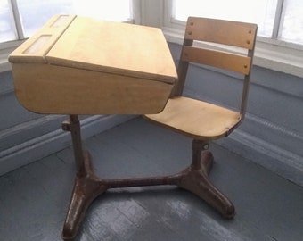 Vintage School Desk Kids Desk and Chair School Age Childs Desk Metal and Wood Industrial Mid Century RhymeswithDaughter