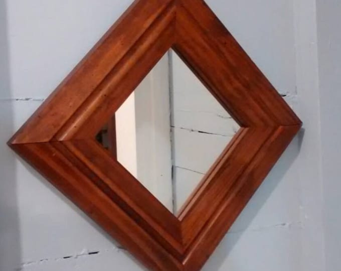 Featured listing image: Vintage Chunky Wood Square Wall Mirror, Walnut Finish Mid Century Accent Mirror, Small Rustic Farmhouse Wooden Frame Mirror for Entryway