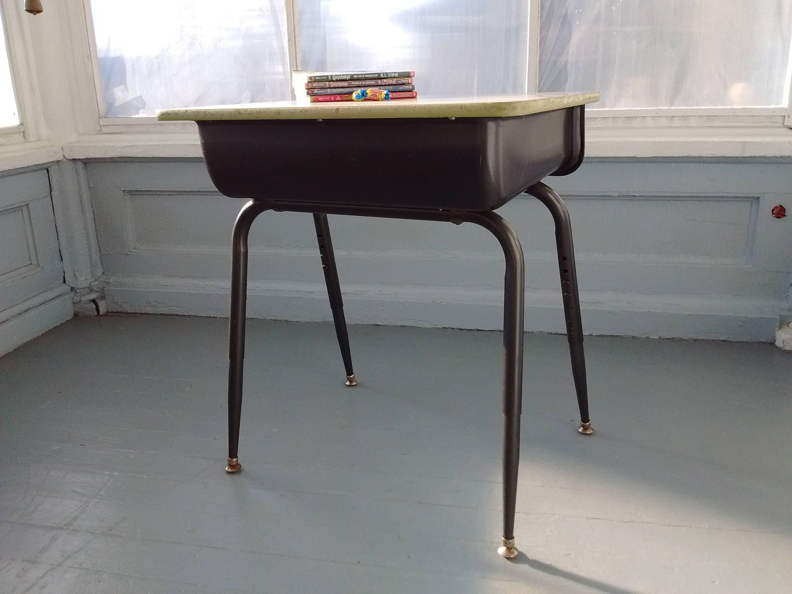 Vintage Kids Desk School Age Childs Desk Adjustable Metal and Wood Kids