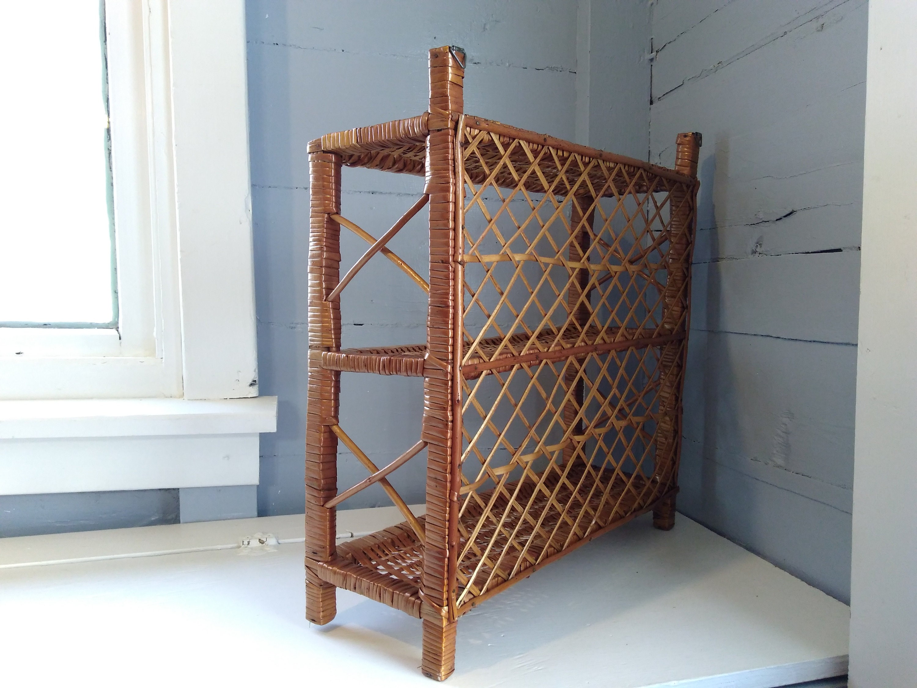 Vintage, Boho, Wicker, Shelves, Shelf Unit, Two Tier, Display Shelves