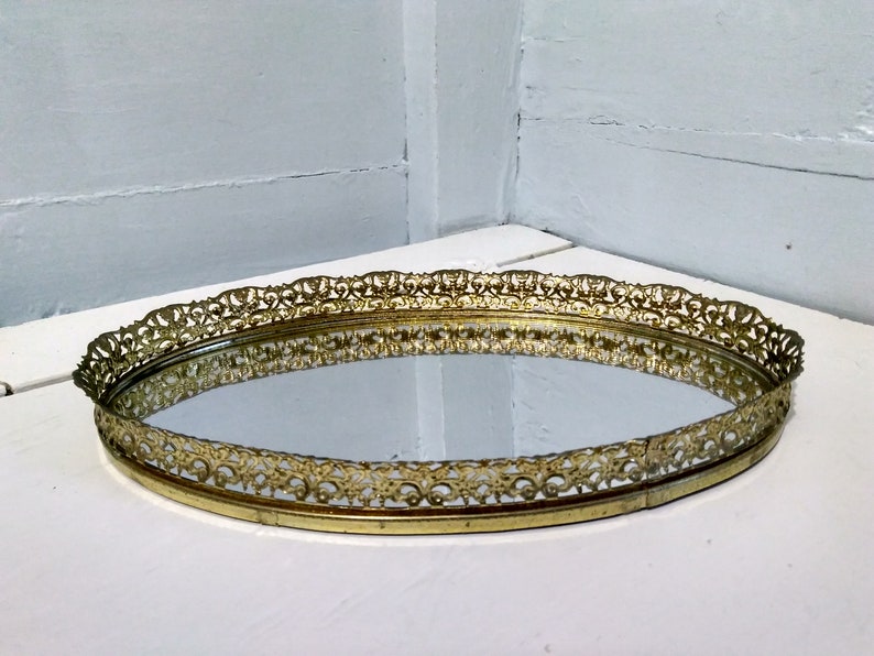 Vintage Vanity Mirror Tray Perfume Gold Oval Filigree Midcentury Bathroom Bedroom Home Decor Rhymeswithdaughter