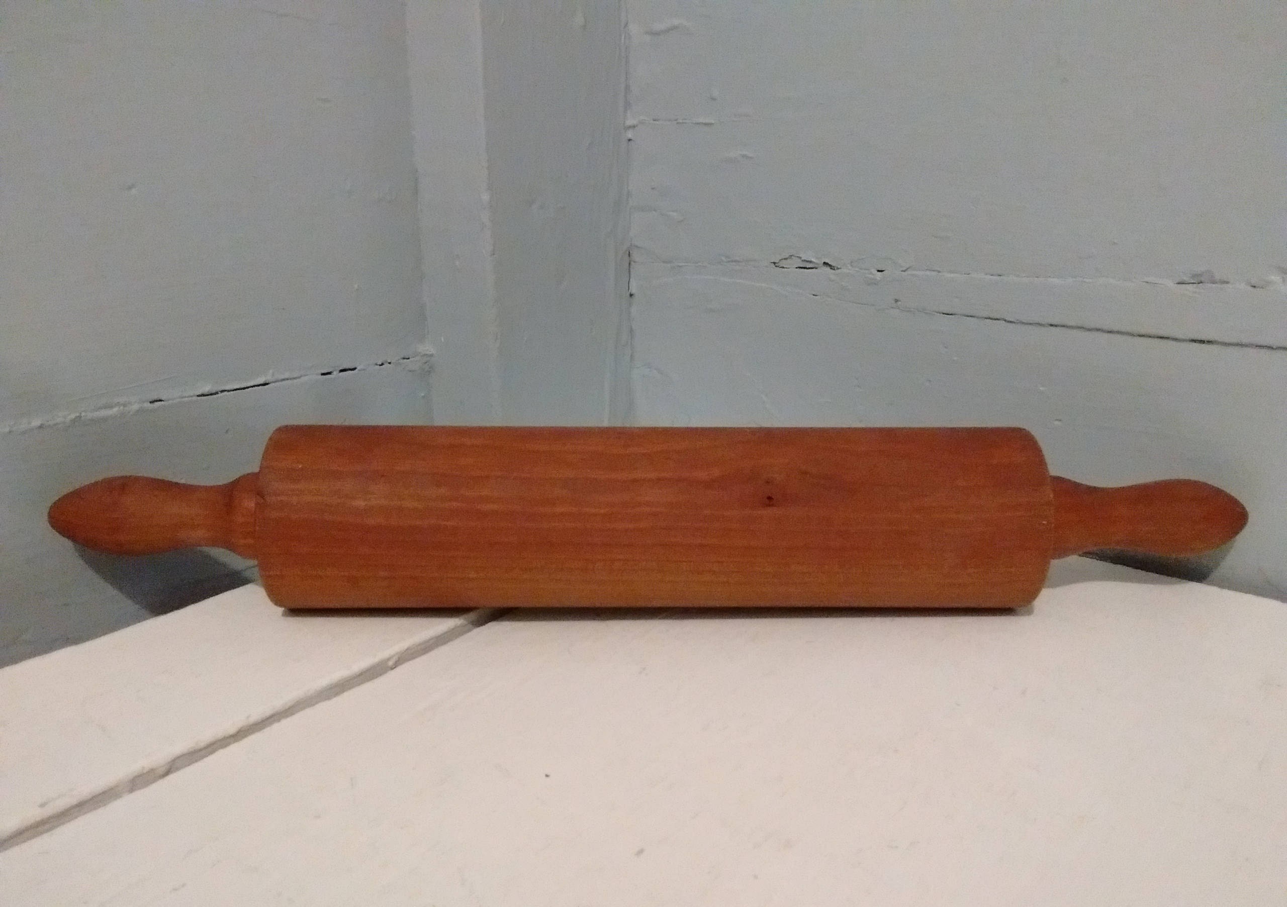 Rolling Pin, Old Fashioned, Wood, Solid, Contoured Handles, Dark Wood