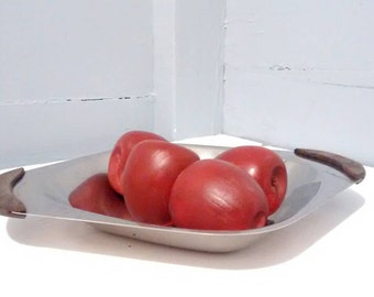 Vintage Danish Modern Metal Serving Platter with Wood Handles Dining Serving Part Platter Photo Prop RhymeswithDaughter