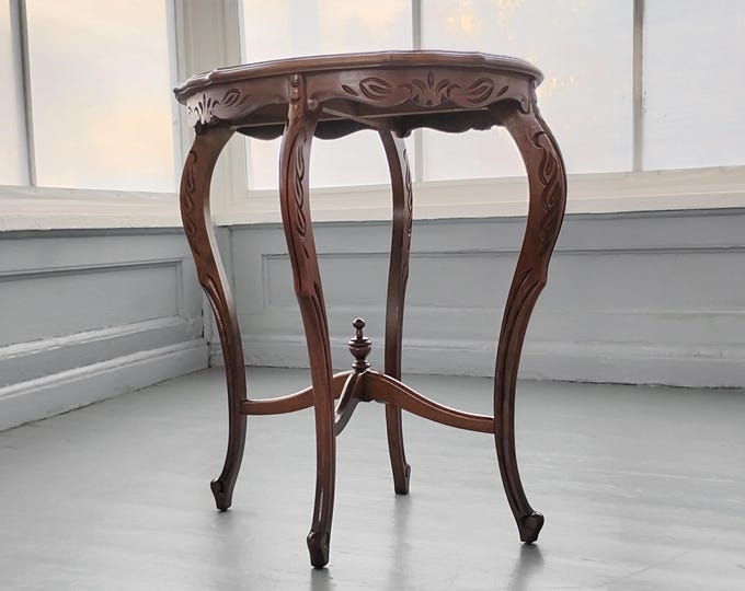 Featured listing image: Elegant Antique Parlor Table Carved Wood Legs Inay Veneer Design End Table Dining room Living room Furniture RhymeswithDaughter