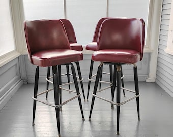 Vintage Upholstered Bar Stools Masculine Lines Maroon Industrial Vinyl Tapered Black Metal Legs Chrome Finish Foot Rest RhymeswithDaughter