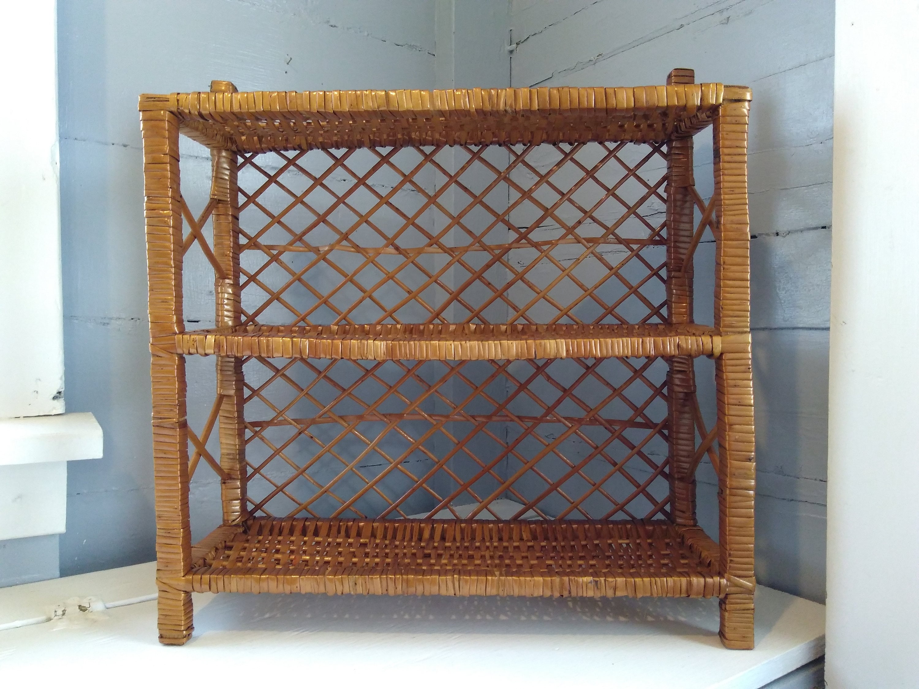 Vintage, Boho, Wicker, Shelves, Shelf Unit, Two Tier, Display Shelves