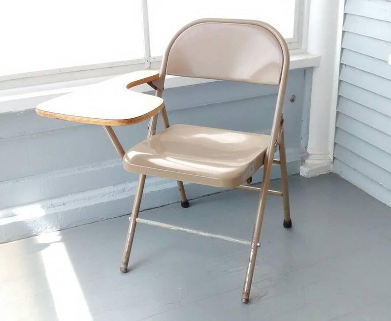 Vintage Desk Chair Student Writing Lap Top Portable Metal Wood Krueger Folding Furniture Photo Prop Rhymeswithdaughter