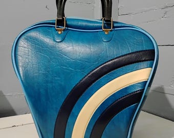 Retro Bowling Ball Bag Heart Shaped Heavy Duty Vinyl No Ball Holder Perfect Purse/Sporty Light/Dark  Blue and Ivory RhymeswithDaughter