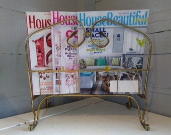 Vintage MidCentury Modern Magazine Rack Metal Brass Color Standing Living Room Bathroom Home Decor Photo Prop RhymeswithDaughter