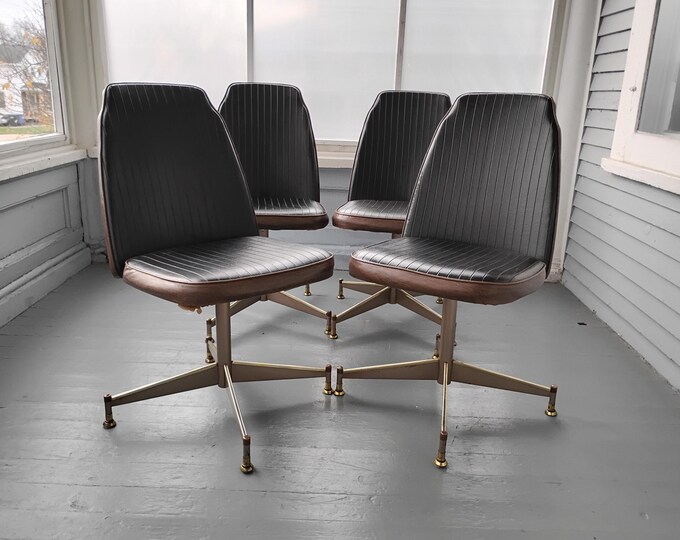 Featured listing image: Vintage MidCentury Brody Dining/Kitchen Chairs Metal Base Swivel Seat Brown/Black Channelled Textured Vinyl Furniture RhymeswithDaughter
