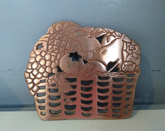 Vintage Trivet 80s Fruit Basket Shaped Cast Iron Copper Color Footed Hanging Kitchen Decor Photo Prop RhymeswithDaughter