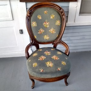 Antique Victorian Parlor Chair: Blue Needlepoint Floral Upholstery, RhymeswithDaughter