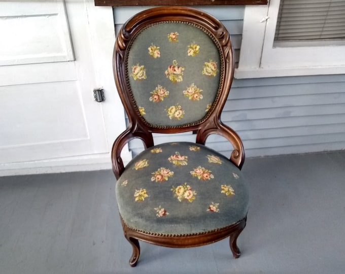Featured listing image: Comfortable Antique Sofa Chair Parlor Chair Wood Blue Upholstered Needlepoint Victorian Livingroom Sunroom Furniture RhymeswithDaughter