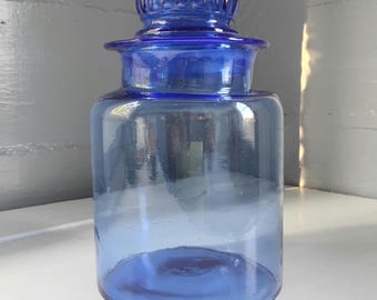 8 Inch Vintage Takahashi Cobalt Blue Apothecary Jar with Original Daisy Lid, Decorative Glass, Mid Century Modern, RhymeswithDaughter