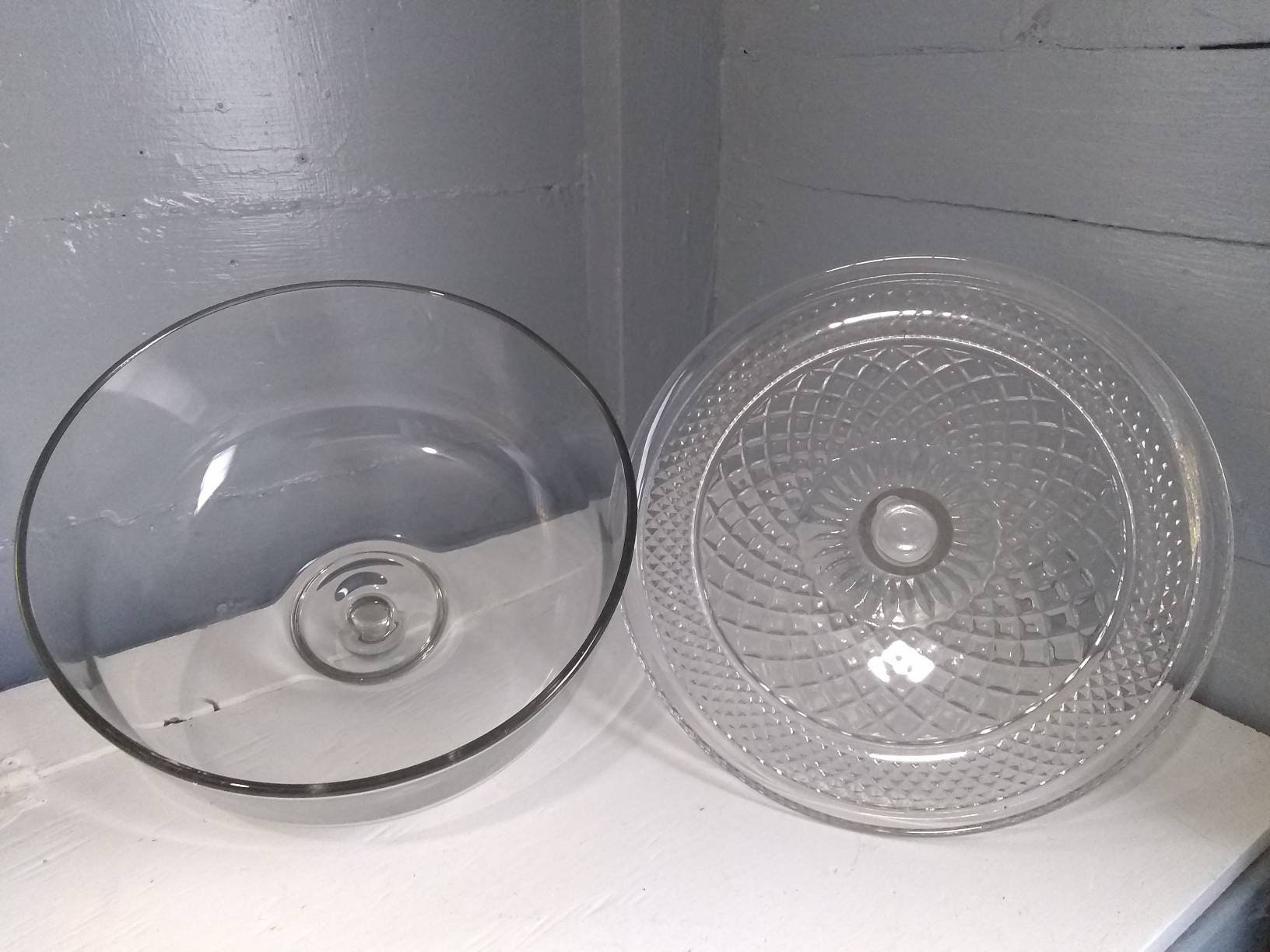 Vintage Heavy Glass Cake Stand with Dome Lid Dual Punch Bowl Set Upside