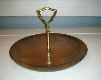 MidCentury Modern Wood Serving Tray with Brass Colored Metal Handle Party Tray Dining Table Decor Nut or Candy Dish RhymeswithDaughter