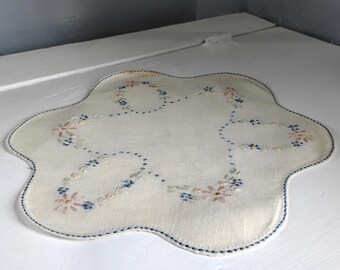 Vintage White Cotton Doily with Colorful Floral Needle Point Farmhouse Country Kitchen Decor RhymeswithDaughter