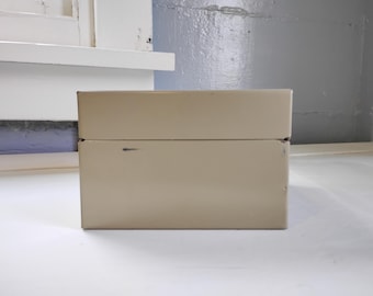 Index Card File Box 3x5 Metal Vintage Recipe Box Storage Tan Home Office Industrial Mid Century Modern Photo Prop RhymeswithDaughter