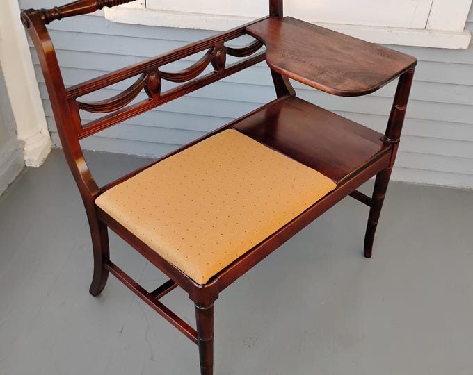 Featured listing image: Antique Mahogany Gossip Bench Telephone with Wide Bench Decorative Backrest and Writing Storage Area Queen Ann Legs RhymeswithDaughter