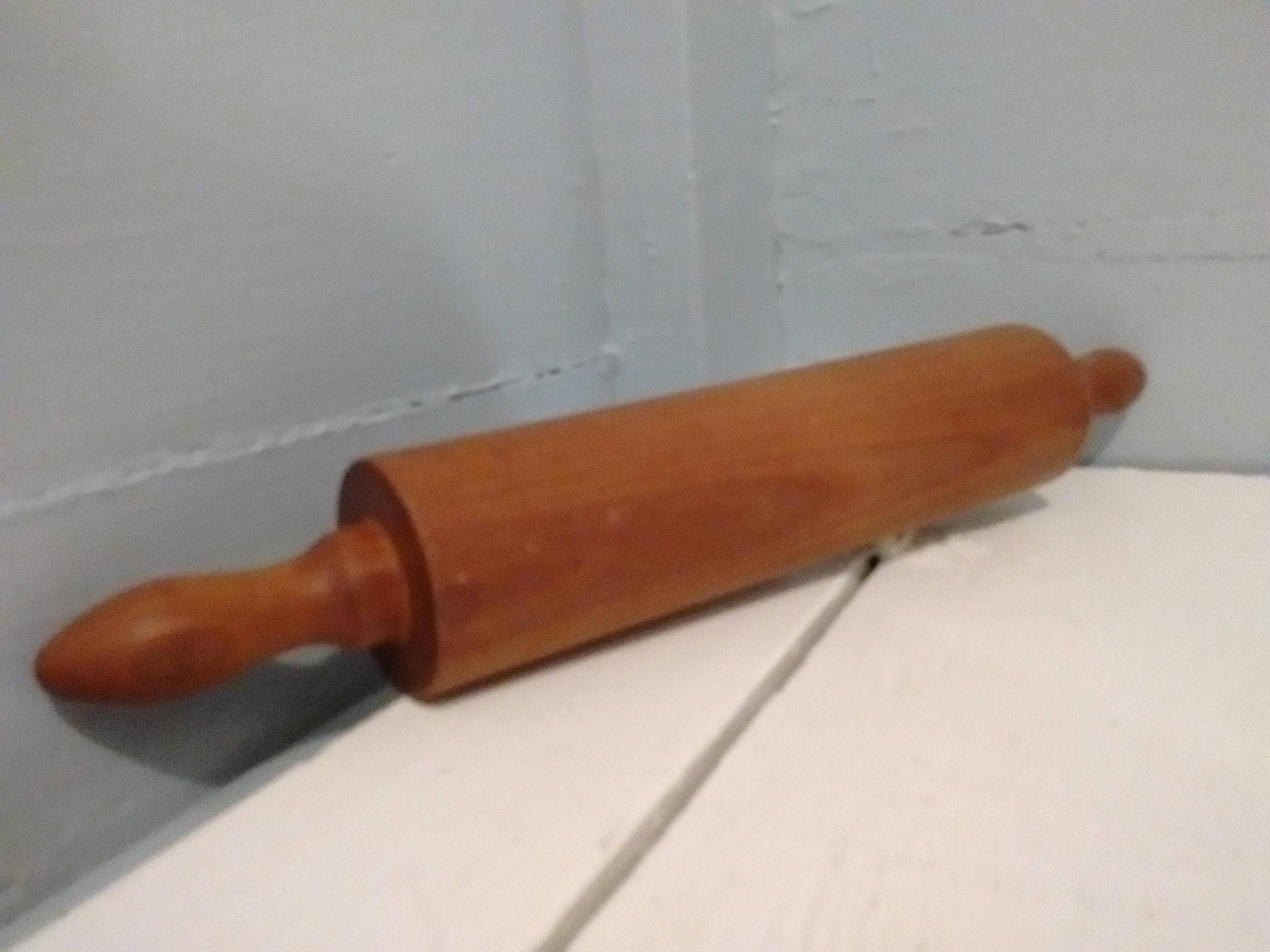 Rolling Pin, Old Fashioned, Wood, Solid, Contoured Handles, Dark Wood