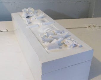 Vintage White Wood Seashell Box | Coastal Grandmother Decor, Nautical Keepsake Trunk