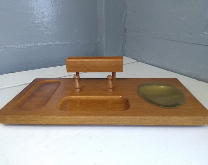 Featured listing image: Vintage Mid-Century Modern Wood Dresser Valet - London Leather Desk Caddy, RhymeswithDaughter