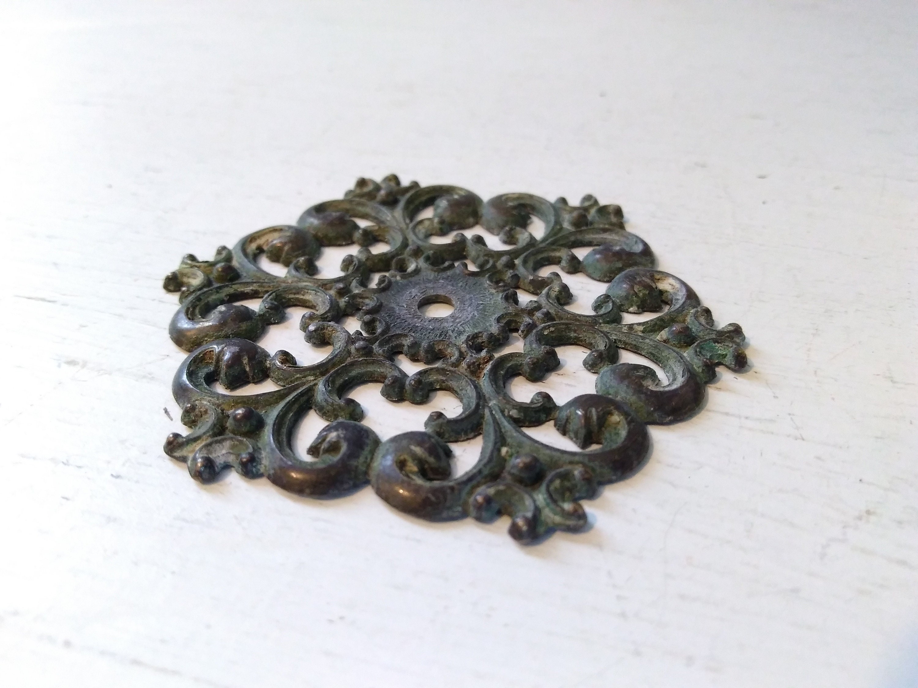 Vintage Ornate Floral Brass Color Knob with Back Plate Furniture