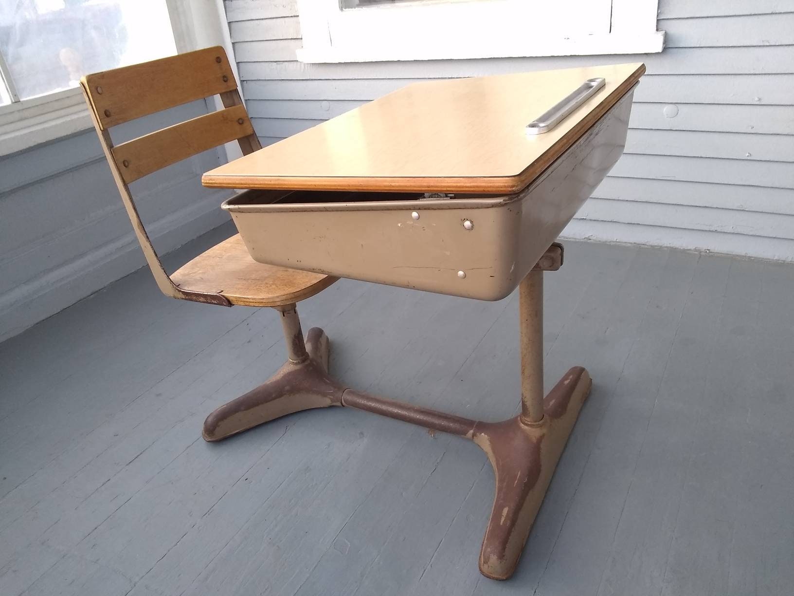 Vintage School Desk Kids Desk And Chair Metal And Wood Industrial