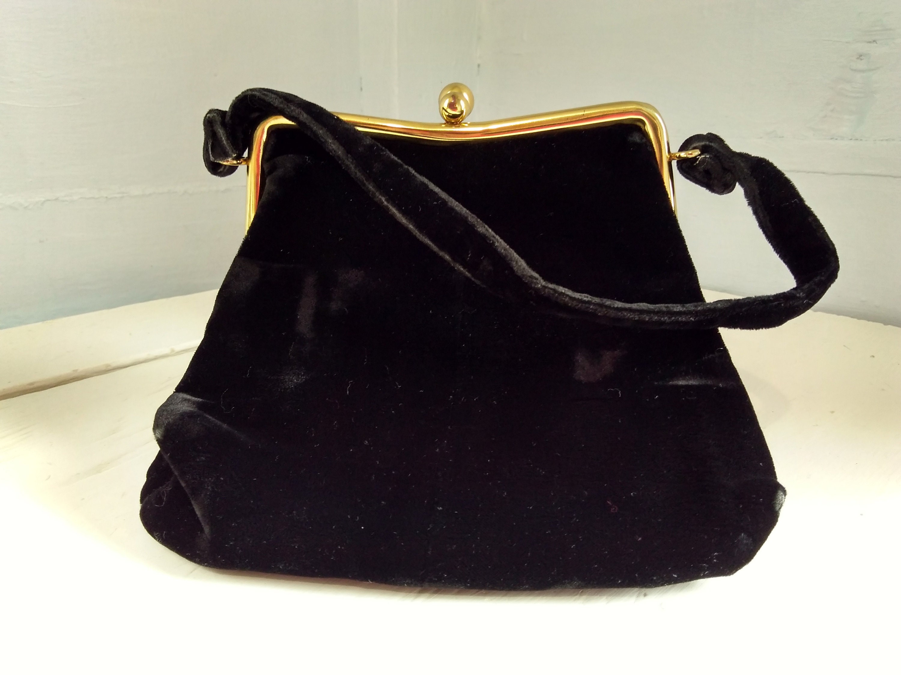 Purse Hand Bag Clutch Vintage 50s Black Velveteen Clasp Purse Small ...