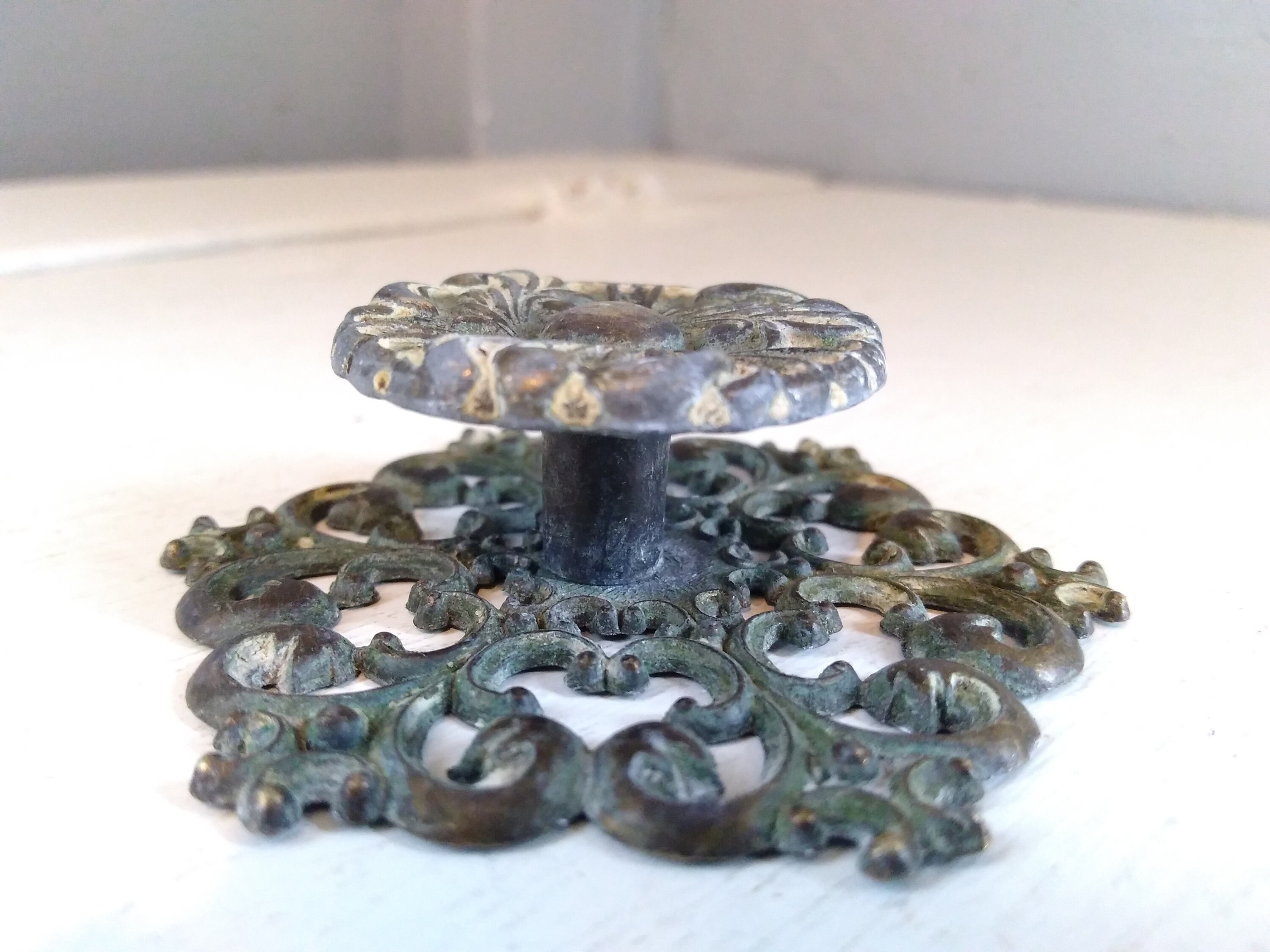 Vintage Ornate Floral Brass Color Knob with Back Plate Furniture