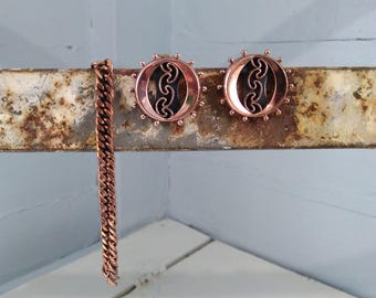 Vintage 1950s Renoir Copper Bracelet Earrings Set, MCM Scroll Jewelry Demi Parure