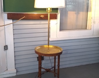 Vintage End Table Floor Lamp Frederick Cooper Etched Scene in Brass Covered Table Wood Faux Bamboo Legs Home Decor RhymeswithDaughter