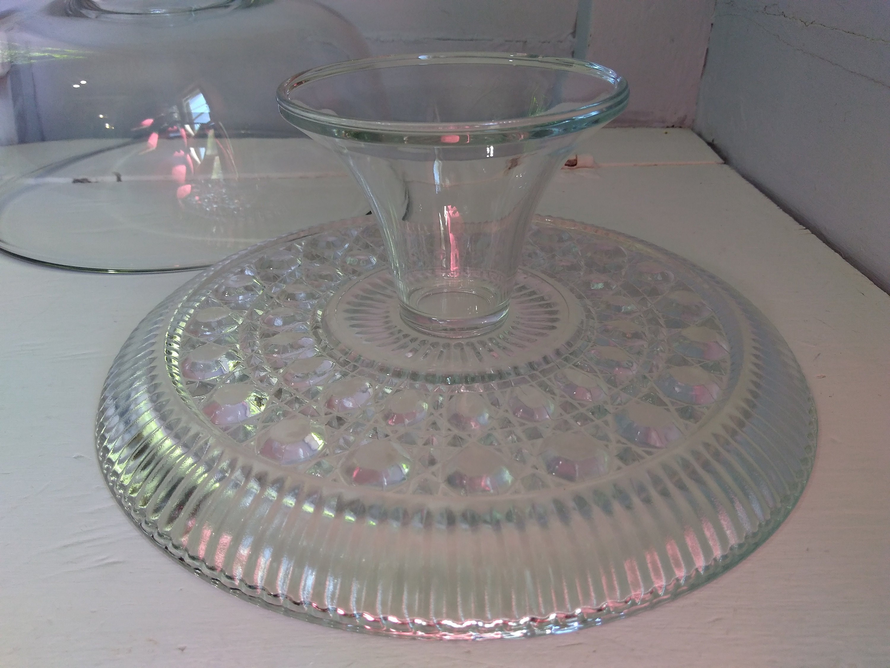 80s Heavy Glass Cake Stand with Dome Lid Dual Punch Bowl Set Upside