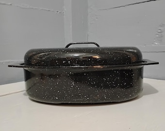 Vintage Small Roasting Pan Enamelware  Kitchen Farmhouse Country Black with White Specks RhymeswithDaughter