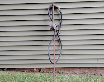 Vintage Rotary Barrel Pump Garden Hose Holder | Rustic Industrial Farmhouse Yard Art | Freestanding Cast Iron Metal Hose Stand Post
