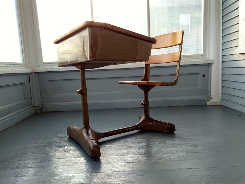Vintage School Desk Kids And Chair Age Childs Metal Wood Industrial Mid Century Rhymeswithdaughter