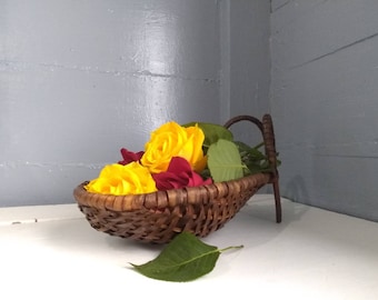 Vintage Teardrop Wicker Basket | Dark Brown Footed Centerpiece Boho Decor