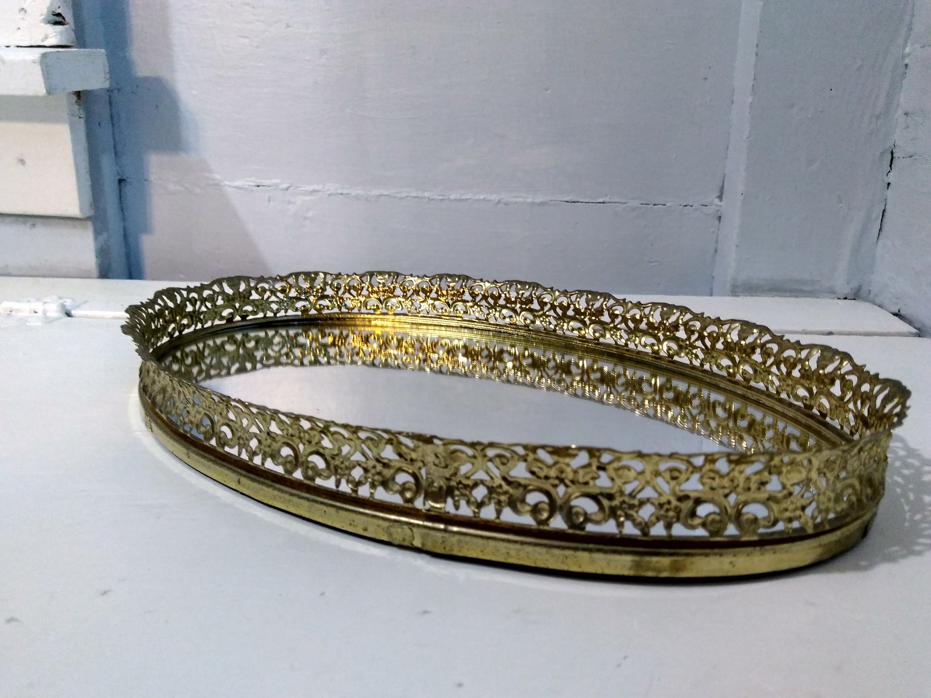 Vintage Vanity Mirror Tray Perfume Tray Gold Oval Filigree MidCentury