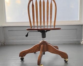 Vintage Solid Oak Rolling Desk Chair Colonial Flat Spindle Bow Back, Office Furniture, RhymeswithDaugher