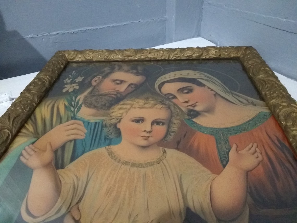 Antique Religious Wall Art the Holy Family Large Framed Etsy