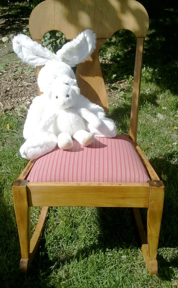Antique Wood Rocking Chair, Pink Upholstered Seat, Farmhouse Cottage Decor, RhymeswithDaughter