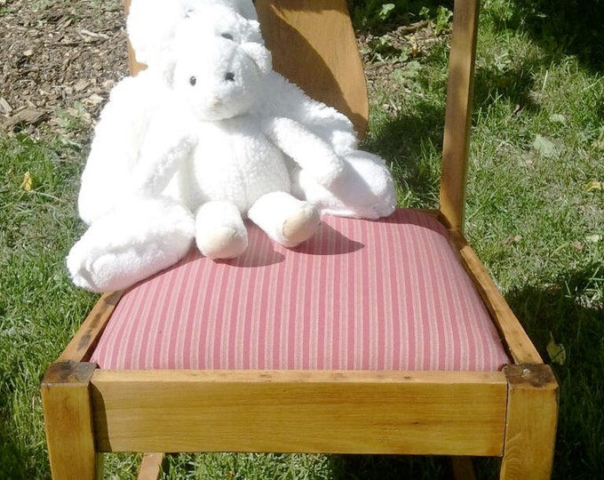 Featured listing image: Antique Wood Rocking Chair, Pink Upholstered Seat, Farmhouse Cottage Decor