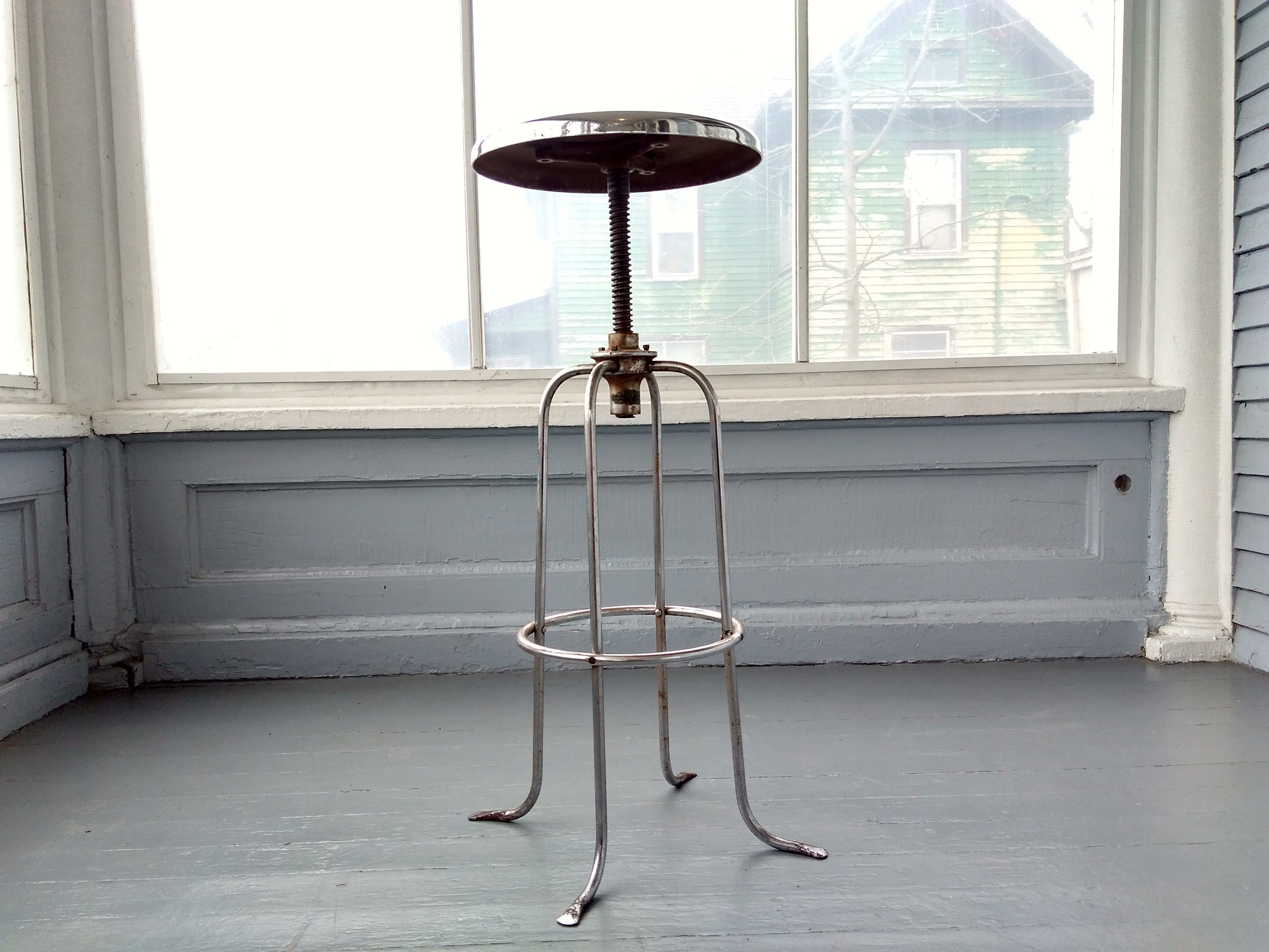 Antique Tall Metal Stool Adjustable Round Silver Drafting Stool Bar Stool Industrial Home Shop